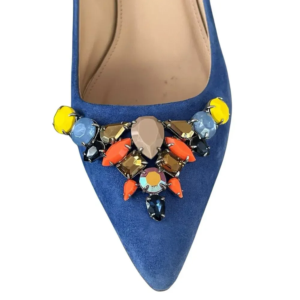 J Crew COLLECTION Dulci Suede Kitten Heels Women’s Size 7.5 Jeweled Blue Italy